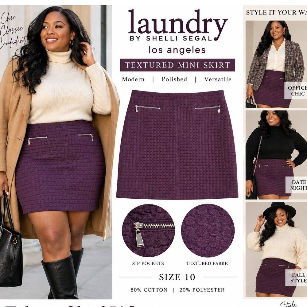 Laundry by Shelli Segal Purple Quilted Textured Mini Skirt Zip Pockets Size 10